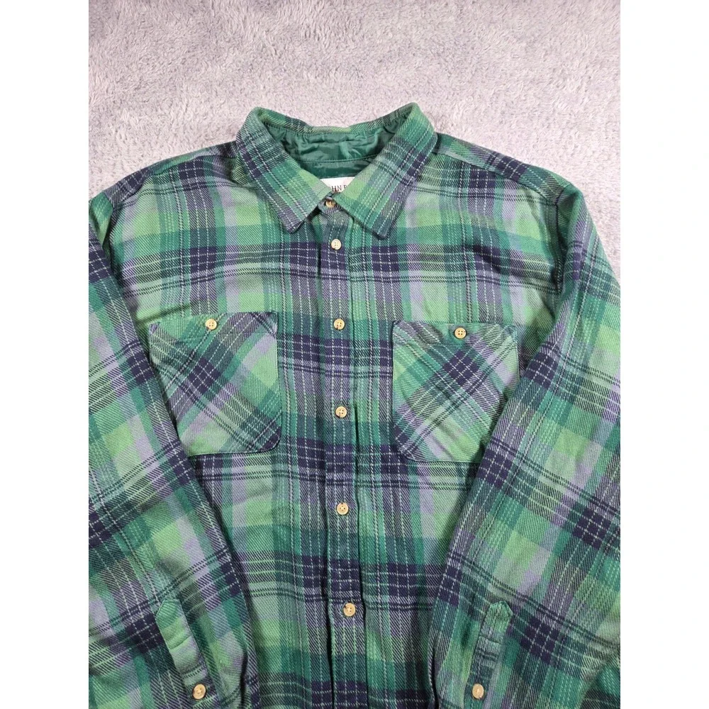 John Blair Flannel Shirt Jacket XL Green Plaid‎ Mens Quilted Lined B05100
